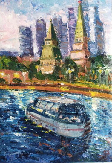 Картина под названием "Кремлевская набереж…" - Olga Selezneva, Подлинное произведение искусства, Масло Установлен на Деревян…