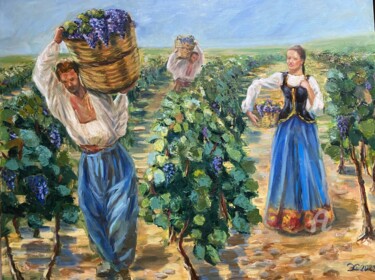 Painting titled "Сбор винограда" by Olga Selezneva, Original Artwork, Oil Mounted on Wood Panel