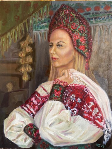Painting titled "Русская красавица" by Olga Selezneva, Original Artwork, Oil Mounted on Wood Stretcher frame