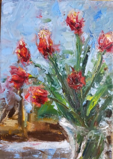 Painting titled "Красные тюльпаны" by Olga Selezneva, Original Artwork, Oil