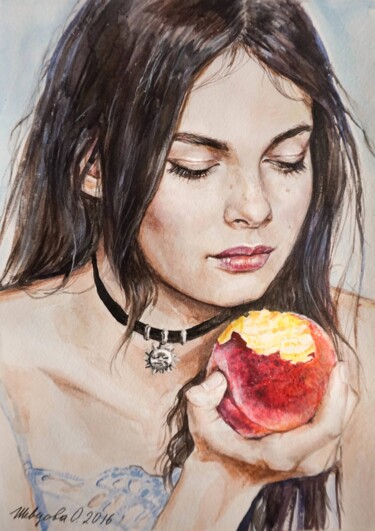 Painting titled "Girl with peach" by Olga Shevcova, Original Artwork, Watercolor