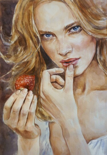 Schilderij getiteld "Strawberry" door Olga Shevcova, Origineel Kunstwerk, Aquarel