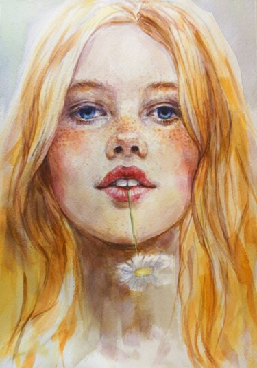 Painting titled "Chamomile" by Olga Shevcova, Original Artwork, Watercolor