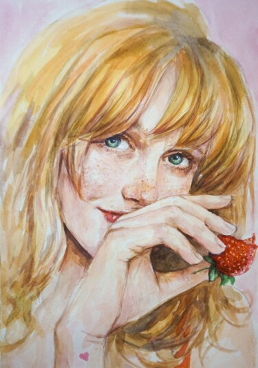 Schilderij getiteld "Strawberry II" door Olga Shevcova, Origineel Kunstwerk, Aquarel