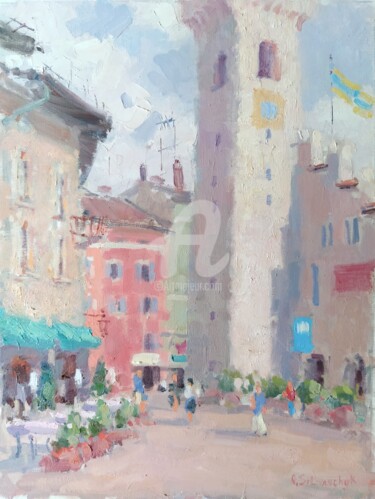 Painting titled "Piazza duomo. Trento" by Olga Silivanchyk, Original Artwork, Oil Mounted on Wood Stretcher frame