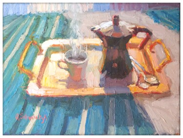 Painting titled "Vuoi un caffè?" by Olga Silivanchyk, Original Artwork, Oil Mounted on Wood Stretcher frame