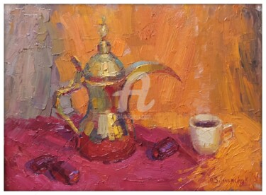 Painting titled "Caffè arabo" by Olga Silivanchyk, Original Artwork, Oil Mounted on Wood Stretcher frame