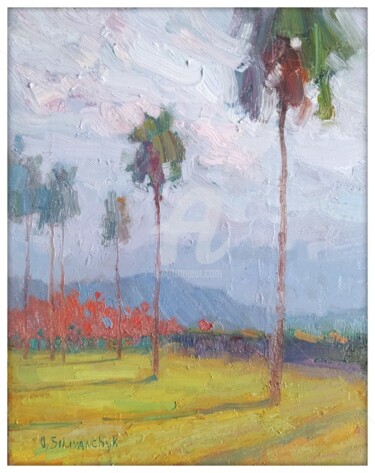 Painting titled "In the park after t…" by Olga Silivanchyk, Original Artwork, Oil Mounted on Wood Stretcher frame