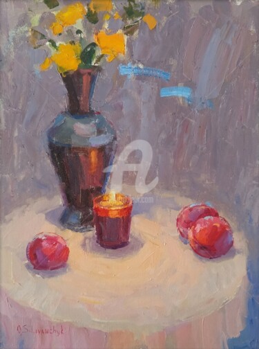 Painting titled "Pesche e candela" by Olga Silivanchyk, Original Artwork, Oil Mounted on Wood Stretcher frame