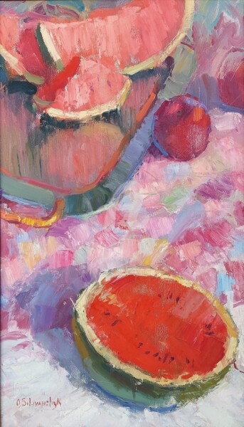 Painting titled "Summer red" by Olga Silivanchyk, Original Artwork, Oil Mounted on Wood Stretcher frame