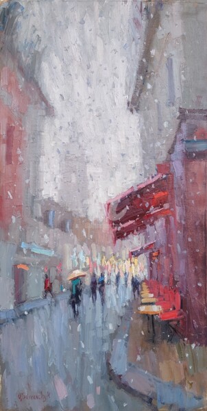 Painting titled ""Winter Alley. Pari…" by Olga Silivanchyk, Original Artwork, Oil Mounted on Other rigid panel