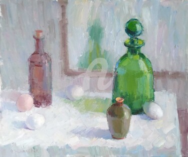 Painting titled "Still life with gre…" by Olga Silivanchyk, Original Artwork, Oil Mounted on Wood Stretcher frame