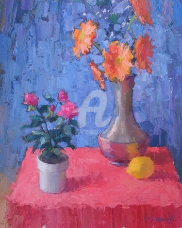 Painting titled "Fiori dal Compleanno" by Olga Silivanchyk, Original Artwork, Oil Mounted on Wood Stretcher frame