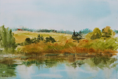 Painting titled "Quiet small river i…" by Olga Skhirtladze, Original Artwork, Watercolor
