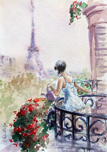 Peinture intitulée "Morning in Paris" par Olga Skhirtladze, Œuvre d'art originale, Aquarelle