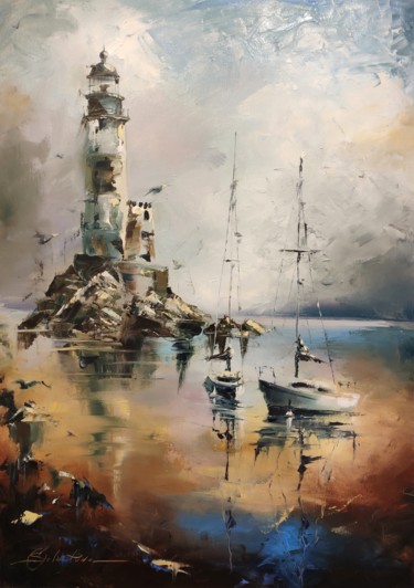 Painting titled "Aniva Lighthouse" by Olga Soldatova, Original Artwork, Oil Mounted on Wood Stretcher frame