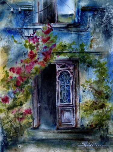 Painting titled "The door on a blue…" by Olga Soldatova, Original Artwork, Watercolor