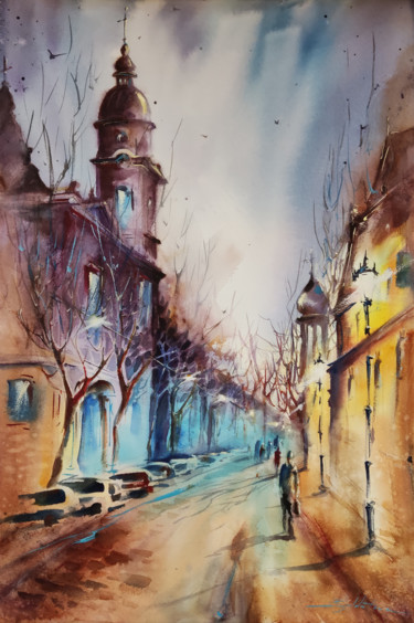 Painting titled "An old city" by Olga Soldatova, Original Artwork, Watercolor
