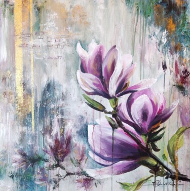 Painting titled "Magnolia in blossom" by Olga Soldatova, Original Artwork, Acrylic Mounted on Wood Stretcher frame