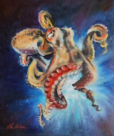 Painting titled "Octopus" by Olga Soldatova, Original Artwork, Oil Mounted on Cardboard