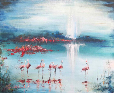 Картина под названием "Pink flamingos" - Olga Soldatova, Подлинное произведение искусства, Масло Установлен на картон