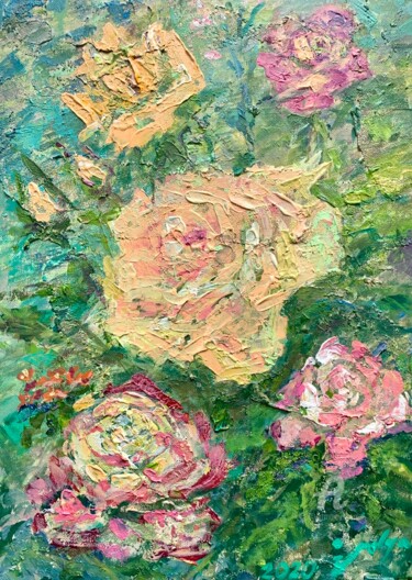 Painting titled "Cream Roses" by Stasssi, Original Artwork, Acrylic