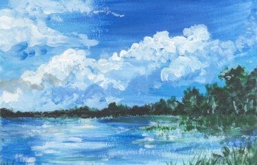 Painting titled "Lake in summer day" by Olga Strogonova, Original Artwork, Gouache