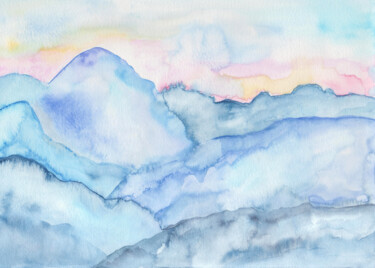 Painting titled "Blue Mountains" by Olga Strogonova, Original Artwork, Watercolor