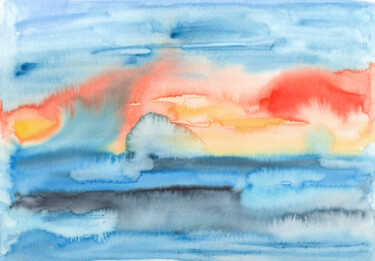 Painting titled "Sunset over the sea" by Olga Strogonova, Original Artwork, Watercolor