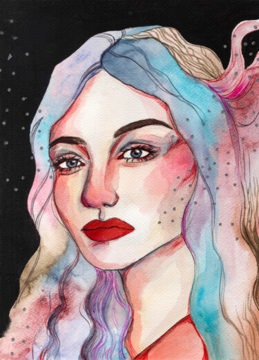 Peinture intitulée "Cosmic girl" par Olga Strogonova, Œuvre d'art originale, Aquarelle