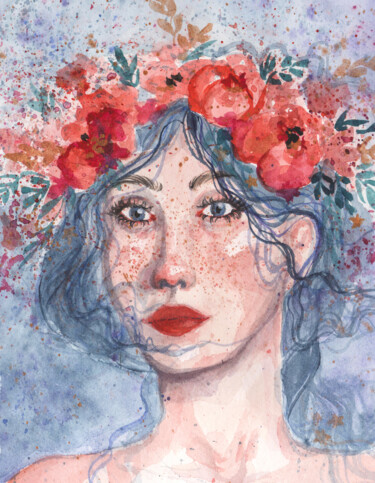 Painting titled "Woman with floral c…" by Olga Strogonova, Original Artwork, Watercolor