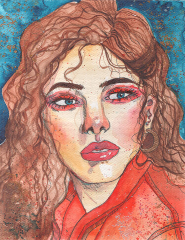 Ζωγραφική με τίτλο "Woman in red" από Olga Strogonova, Αυθεντικά έργα τέχνης, Ακουαρέλα
