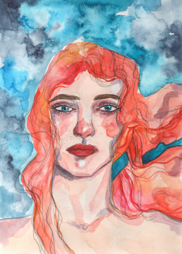 Painting titled "Girl with red hair" by Olga Strogonova, Original Artwork, Watercolor
