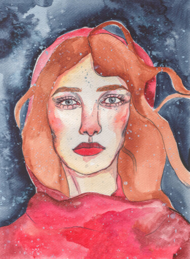 Painting titled "Woman in red dress" by Olga Strogonova, Original Artwork, Watercolor