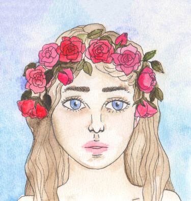 Картина под названием "Girl in floral wrea…" - Olga Strogonova, Подлинное произведение искусства, Акварель