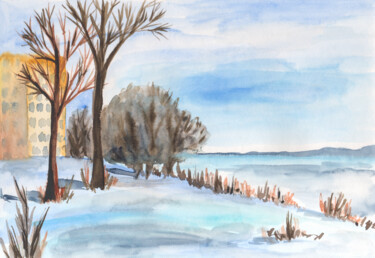 Schilderij getiteld "Latvian winter land…" door Olga Strogonova, Origineel Kunstwerk, Aquarel