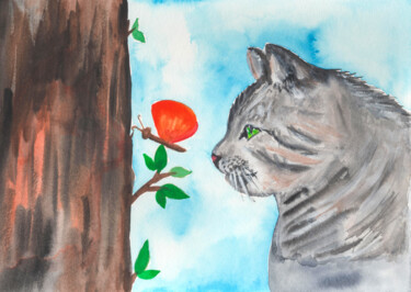 绘画 标题为“Cat and butterfly” 由Olga Strogonova, 原创艺术品, 水彩