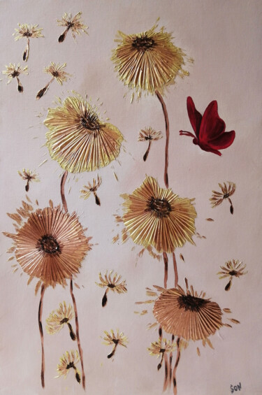 Golden dandelions and a butterfly. Картина под названием "Golden dandelions a…" - Olga Stupina, Подлинное произведение искусства, Акрил