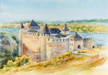 Schilderij getiteld "The Khotyn Fortress" door Olga Telushkina, Origineel Kunstwerk, Aquarel