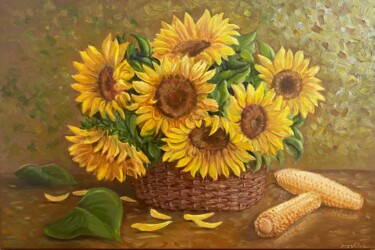 Painting titled "Sunflowers" by Olga Tkachuk, Original Artwork, Oil Mounted on Wood Stretcher frame