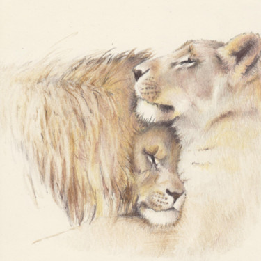 Drawing titled "045 Lions" by Olga Trifonova, Original Artwork, Pencil