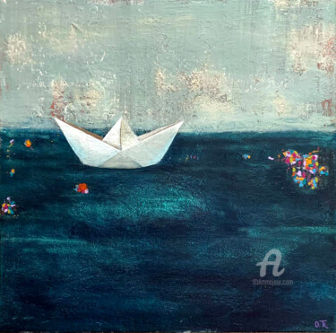 Картина под названием "Paper Boat" - Olga Trikolich, Подлинное произведение искусства, Акрил Установлен на Деревянная рама д…
