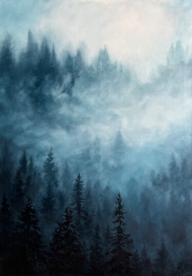 Painting titled "Misty Forest" by Olga Ukraintseva, Original Artwork, Oil Mounted on Wood Stretcher frame