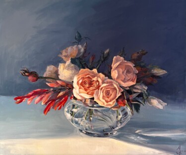 Painting titled "Rose Bowl" by Olga Ukraintseva, Original Artwork, Oil Mounted on Wood Stretcher frame