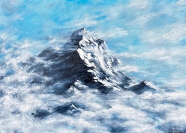 Painting titled "Mountain in clouds" by Olga Ukraintseva, Original Artwork, Oil Mounted on Wood Stretcher frame
