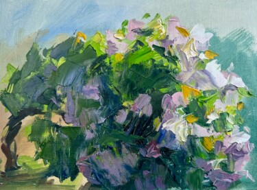 Painting titled "Lilac Bush" by Olga Ukraintseva, Original Artwork, Oil Mounted on Cardboard