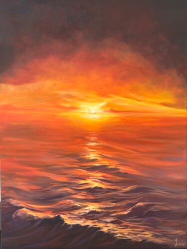 Painting titled "Seaside Sunset" by Olga Ukraintseva, Original Artwork, Oil Mounted on Wood Stretcher frame