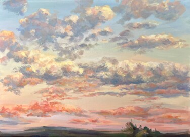 Painting titled "Clouds on the sunset" by Olga Ukraintseva, Original Artwork, Oil Mounted on Cardboard
