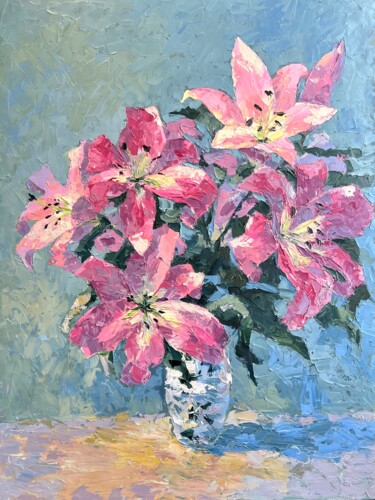 Картина под названием "Pink Lilies" - Olga Ukraintseva, Подлинное произведение искусства, Масло Установлен на картон