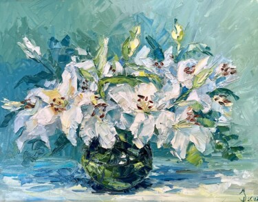 Painting titled "White Lilies" by Olga Ukraintseva, Original Artwork, Oil Mounted on Cardboard